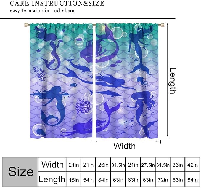Mermaid Kids Girls Curtains Fantasy Mermaid Silhouette Ocean Theme Beautiful Blackout Window Treatment for Girls Bedroom Nursery Room Decor Rod Pocket Window Drapes 63" W X 72" L
