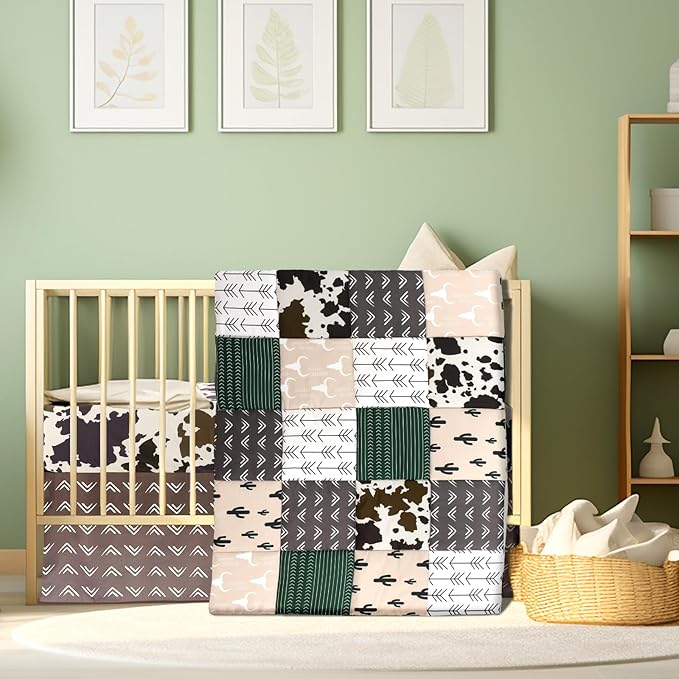 3 Piece Patchwork Western Crib Bedding Set, Neutral Cow Cactus Print Baby Bedding, Barnyard Western Nursery Decor, Standard Size Soft Baby Bed Set Includes Quilt, Fitted Crib Sheet, Bed Skirt