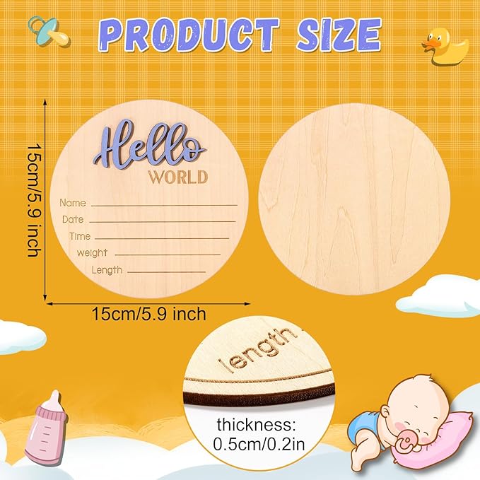Newborn Announcement Sign, 5.9 Inch/15cm Wooden Hello World Plaques Baby Welcome Sign Birth Newborn Name Plaques for Boys and Girls Photo Props Baby Shower Hospital Nursery (Blue)