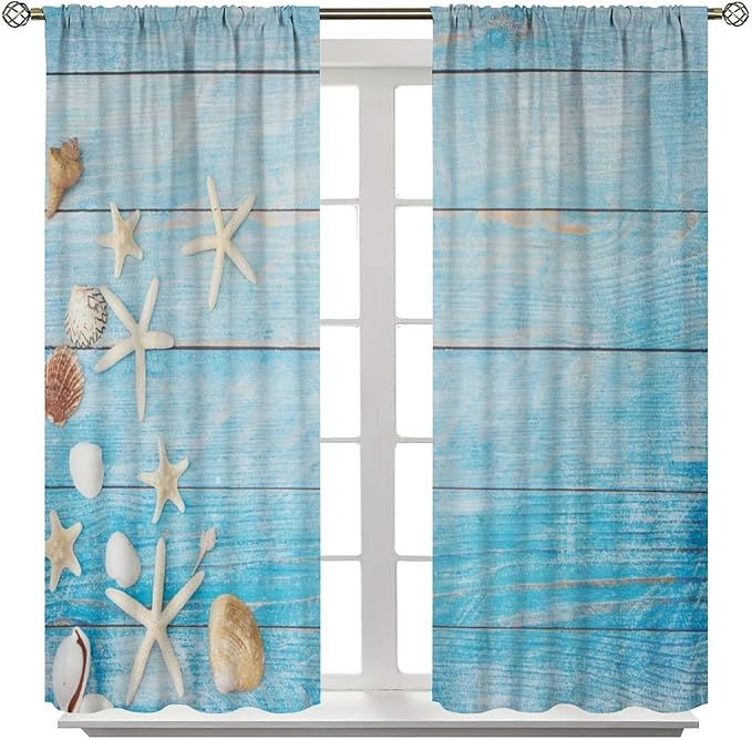Beach Shell Curtains Shell Starfish Modern Style White Print Curtains for Living Room Bedroom Boys Girls Bedroom Decorative Privacy Curtains 84x84 Inch