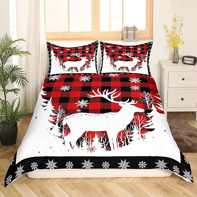 Manfei Christmas Duvet Cover Set Full Size, Xmas Deer Tree Snowflake Print Bedding Set 3pcs for Kids Boys Girls Bedroom Decor, Black Red Plaid Print Comforter Cover with 2 Pillowcases,No Comforter