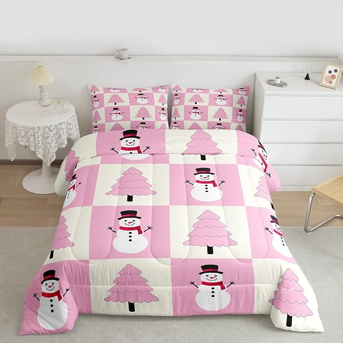 Feelyou Pink Christmas Kids Comforter Set Full Size Snowman Bedding Set Xmas Tree Duvet Quilt for Kids Boys Girls Bedroom Decor Microfiber Ultra Soft Breathable