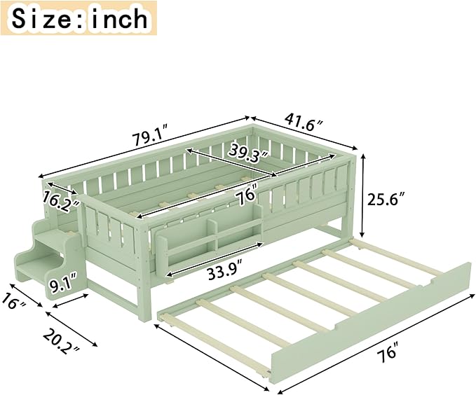 Bellemave Twin Size Kids Bed with high Rails and with Built-in Bookshelf and Trundle for Kids, Girls, Boys, Wood Montessori Bed Without Door, Avocado Green