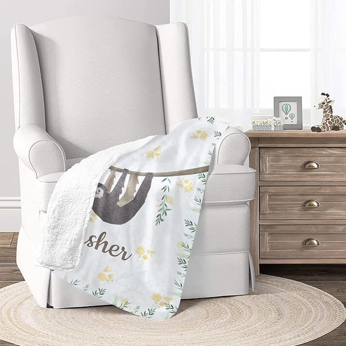 Cute Sloth Personalized Receiving Sherpa Fleece Baby Blankets for Girls Boys Kids, Swaddle Blankets Gift for Newborn Crib Infants 30x40 Inches