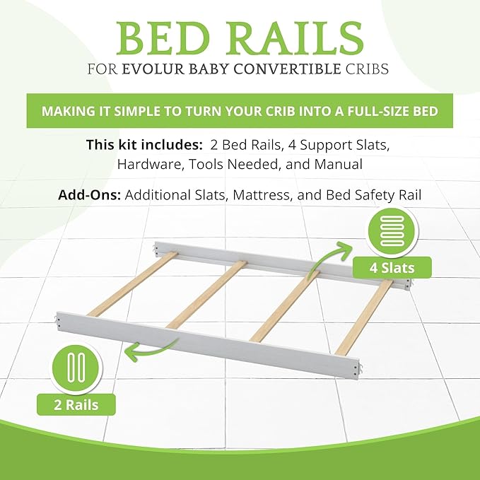 Full-Size Conversion Kit Bed Rails for Evolur Cribs - Solid Wood Crib Convertible Kit to Kids Bed - Transitional Style Rails & Easy-to-Install Child Essentials for Safety (Silver Mist)