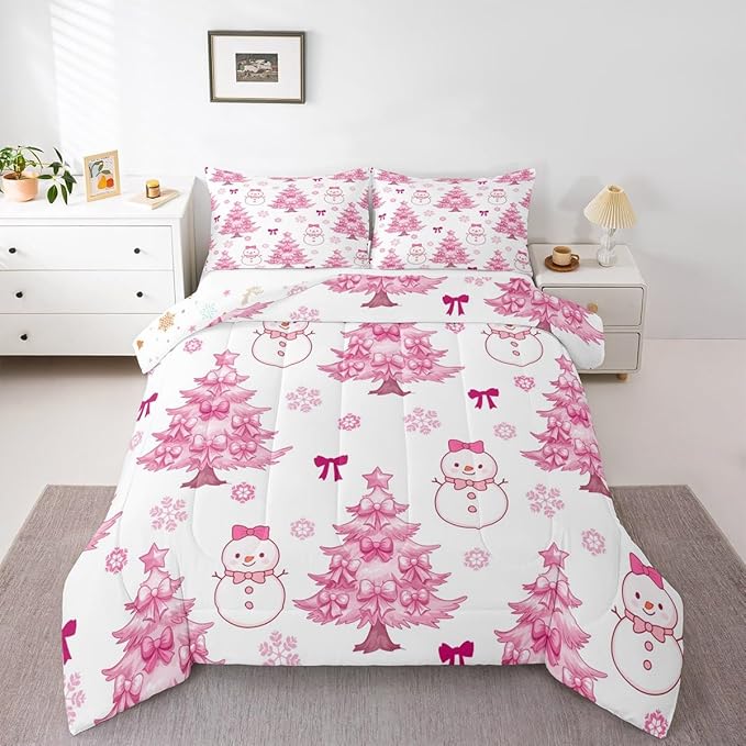 Feelyou Merry Christmas Kids Comforter Set Twin Size Cute Snowman Bedding Set Cartoon Bowknot Duvet Quilt for Kids Boys Girls Bedroom Christmas Tree Decor Microfiber Ultra Soft Breathable