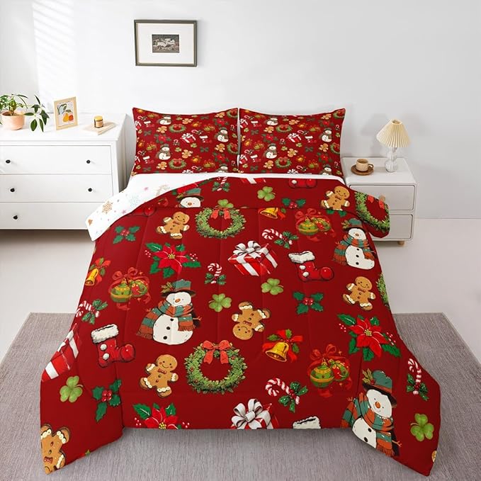 jejeloiu Merry Christmas Comforter Set Toddler Size Cute Snowman Bedding Set for Kids Boys Girls Gingerbread Man Duvet Quilt Red Bedroom Decor