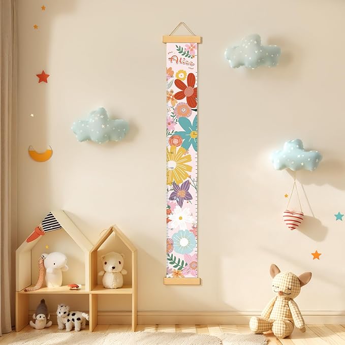 Personalized Name Growth Chart Wall Decor for Kids – Canvas Removable Height Chart Measuring Ruler 59" x 7.9" (Big Flower)