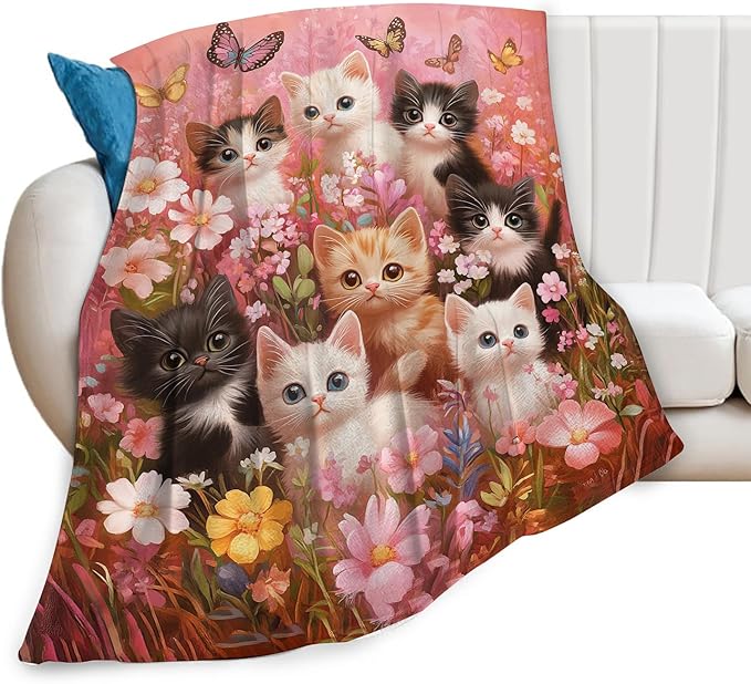 Pink Cat Themed Blanket Funny Cats Throws Pet Animal Print Plush Fuzzy Fleece Blankets Gifts for Girls Boys Lovers Super Soft Warm Cozy Butterfly Flower Stuff for Kids Women Bed Sofa Bedding 50"x40"