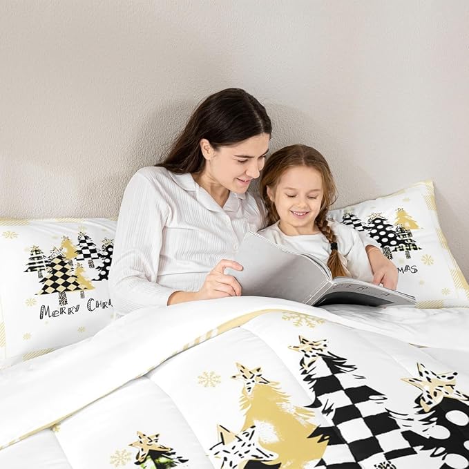 Manfei Xmas Tree Comforter Set Queen Size, Yellow Plaid Grid Snowflake Down Comforter with 2 Pillowcases, Christmas Theme Bedding Set 3pcs for Kids Girls Adults Room Decor New Year Duvet Insert
