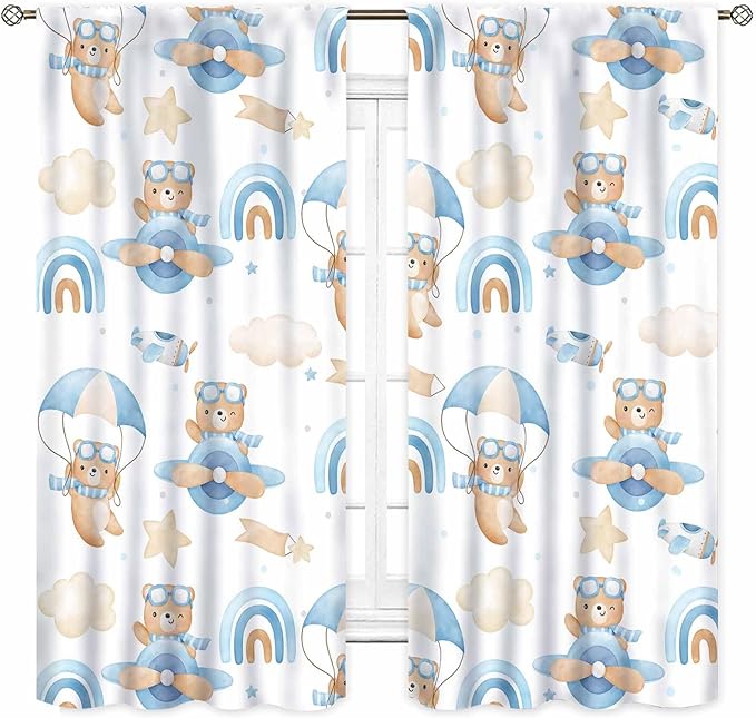 Cartoon Bear Curtains, Kids Boys Girls Cute Lovely Bear Adventure Airplane Cloud Pastel Blue Window Drapery Treatments for Baby Living Room Bedroom Nursey Toddler Classroom 2 Panels, 84"x63" Inch