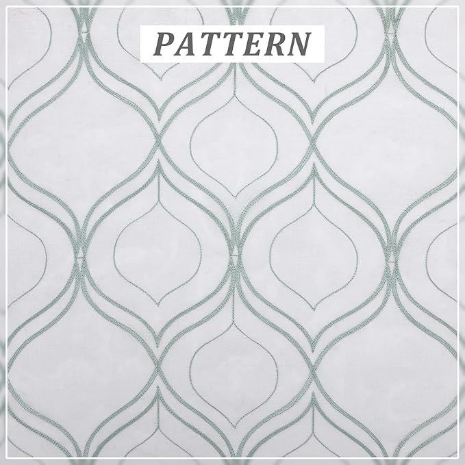 VISIONTEX White Sheer Curtains 108 Inches Long 2 Panels Set Green Moroccan Embroidered Curtains Trellis French Textured Rod Pocket Voile Tulle Semi Window Drapes for Bedroom Living Room 54 x 108 Inch