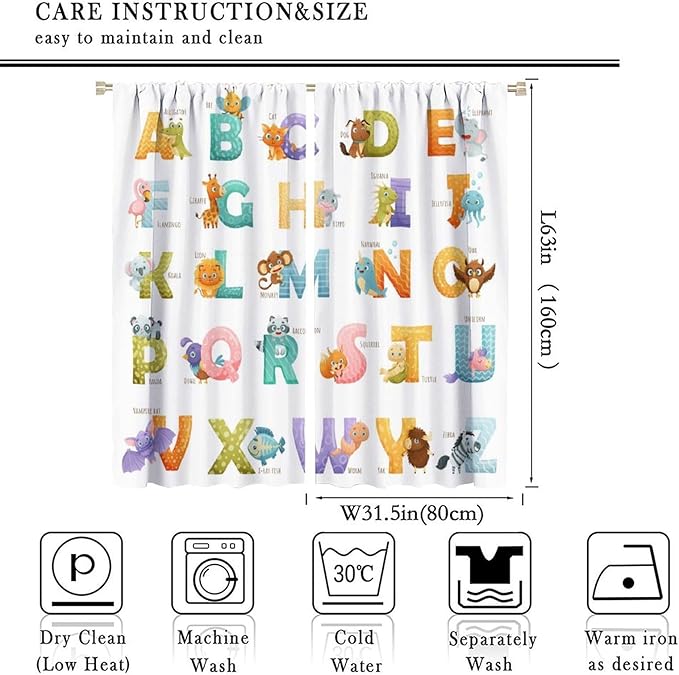 Kids Alphabet Curtains Educational Baby Cartoon Animals Colorful Cute Curtain with Rod Pocket for Nursery Living Room Home Decor Drapes Window Treatments 2 Panels Set 63x63in