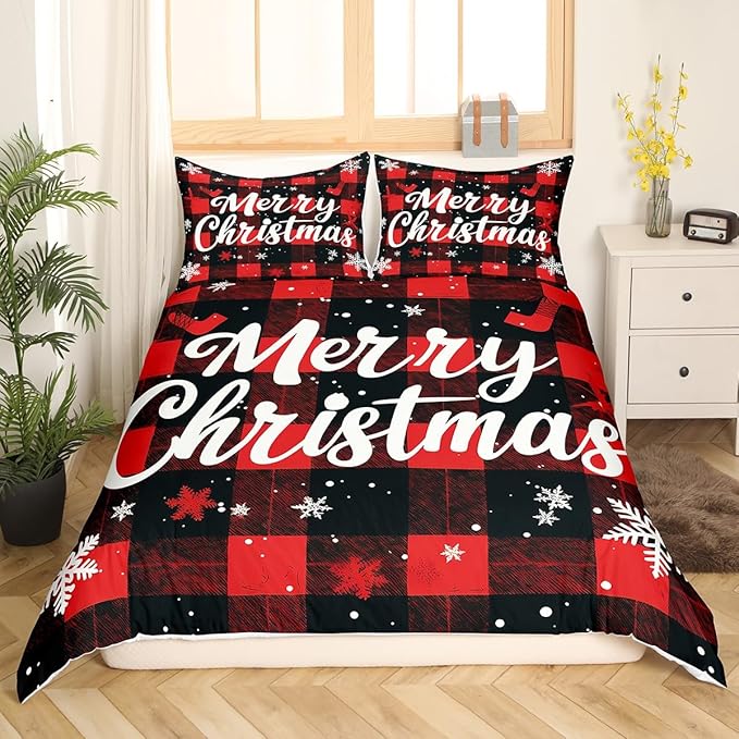 Red Black Plaid Duvet Cover Set Queen Size Merry Christmas Bedding Set 3pcs for Kids Boys Teens Western New Year Theme Comforter Cover White Snowflake Print Quilt Cover with 2 Pillowcases,No Comforter