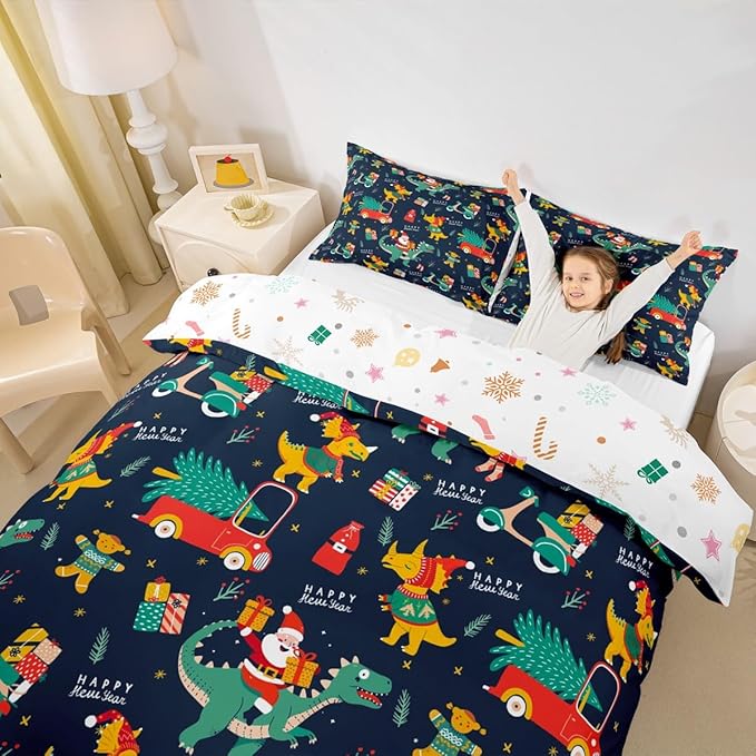 Christmas Bedding Set Cartoon Santa Claus Christmas Tree Comforter Cover for Kids Teens Cute Dino Race Cars Duvet Cover Breathable Gingerbread Man Bedspread Cover Room Decor Quilt Cover Queen Size