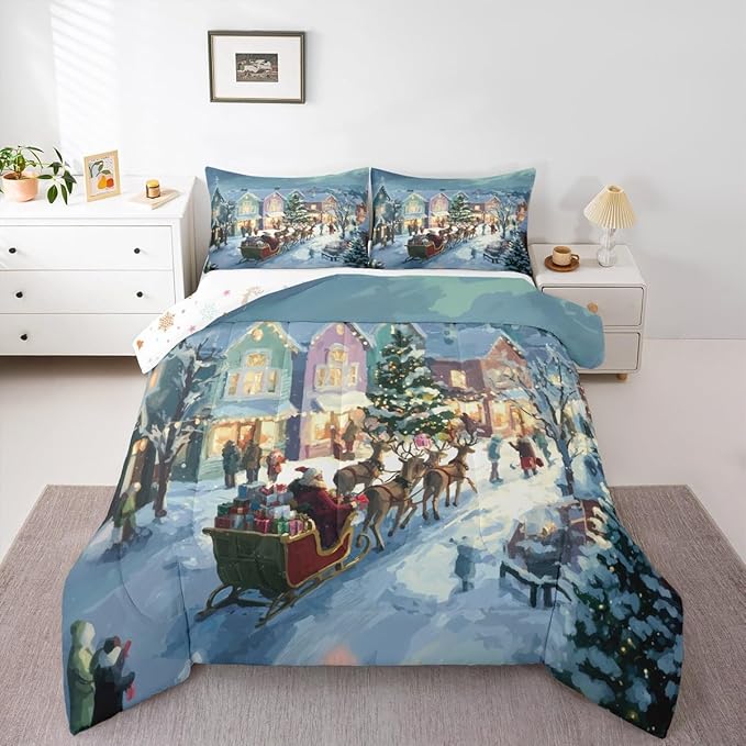 Feelyou Watercolor Christmas Comforter Set Toddler Size Santa Claus Bedding Set for Kids Boys Girls Reindeer Sled Duvet Quilt Xmas Tree Bedroom Decor Microfiber 2 Pcs with 1 Pillow Cases