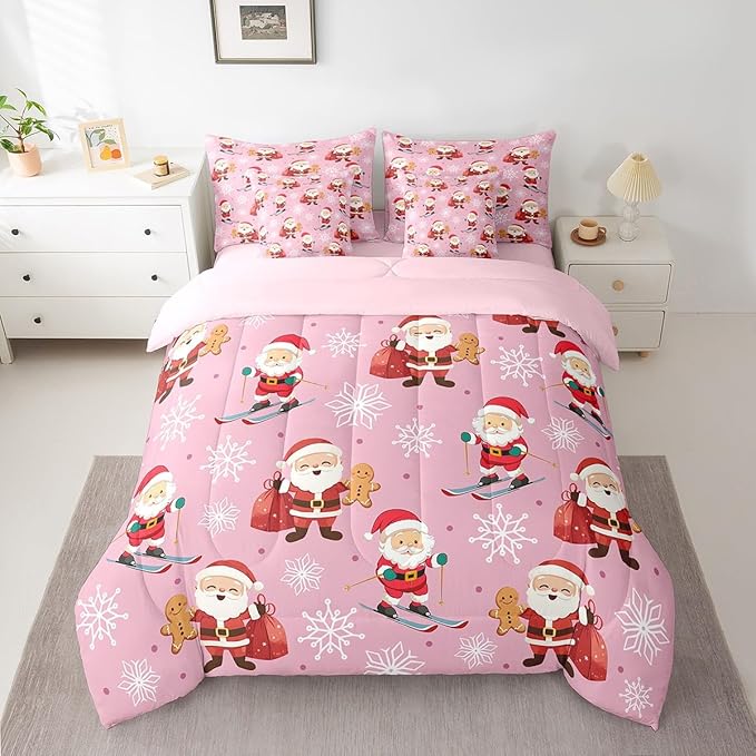 Erosebridal 7Pcs Cute Santa Claus Comforter Set Twin Size,Xmas Gingerbread Bedding Set for Kids Boys Girls,Christmas Snowboard Snowflake Bed in A Bag,Pink Christmas Quilt with Flat Fitted Sheet