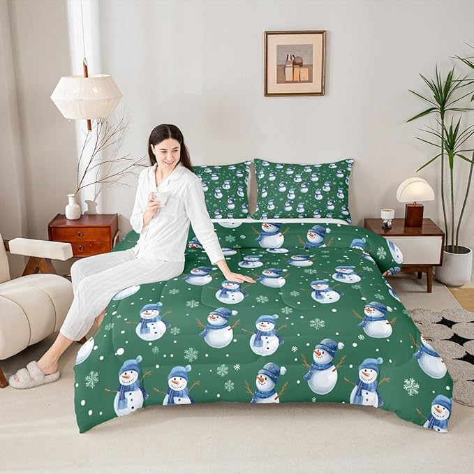 jejeloiu Kids Cute Winter Snowman Comforter Set Full Size Green Christmas Theme Bedding Set for Boys Girls Teens Xmas Snowflake Happy New Year Duvet Quilt Room Decor