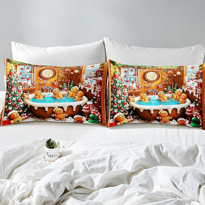 Feelyou Kids Christmas Gingerbread House Duvet Cover, Funny Gingerbread Man Bedding Set Queen Size, Merry Christmas Comforter Cover