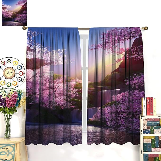 Landscape Waterfall Blackout Curtains, Watercolor Blossom Cherry Flower Forest Pattern Rod Pocket Window Drapes, for Bedroom Living Room 63" W X 63" L