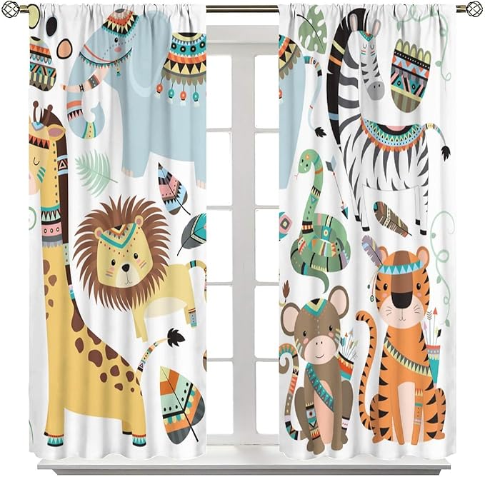 Jungle Tribal Animals Curtains, Southwest Aztec Cartoon Funny Zoo Animals Giraffe Lion Elephant Zebra Tiger Print Thermal Insulation Window Drapes for Kids Boys Girls Bedroom Living Room 52x84in