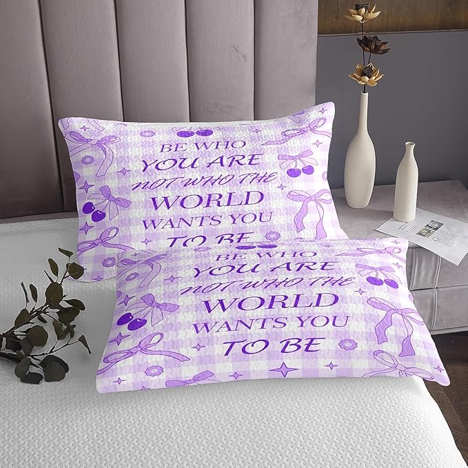Purple Bowknot Bedspread Twin Size,Cherry Stars Daisy Flowers Romantic Coverlet Set,Girls Women Room Decor,Bow Tie Geometric Plaid Patchwork Quilted Coverlet,Dreamy Bedding Quilt,1 Pillowcase