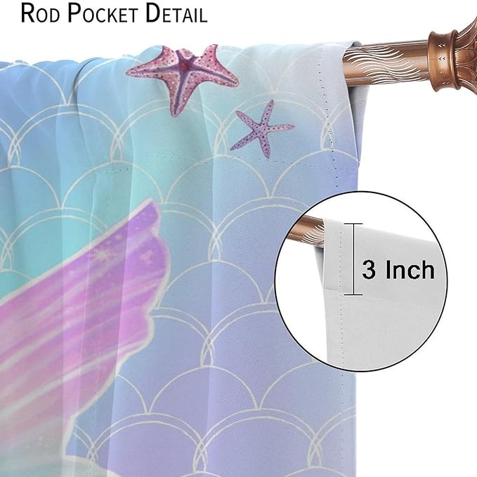 Fantasy Mermaid Curtain Colorful Rainbow Fish Tail Ocean Theme Beautiful Kids Window Treatment for Girls Bedroom Nursery Room Decor Rod Pocket Window Drapes 52x84in