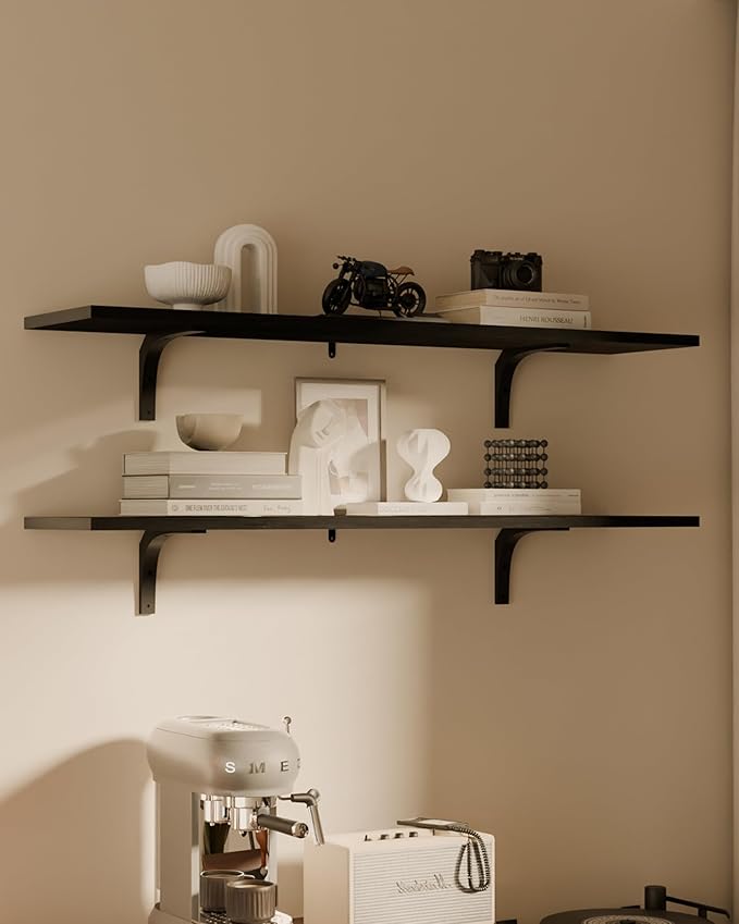 12x48 Inch Rustic Wood Floating Shelves 2-Pack - Farmhouse Black Wall Shelves with 100 lbs Capacity, Easy Installation for Living Room, Kitchen, Bathroom