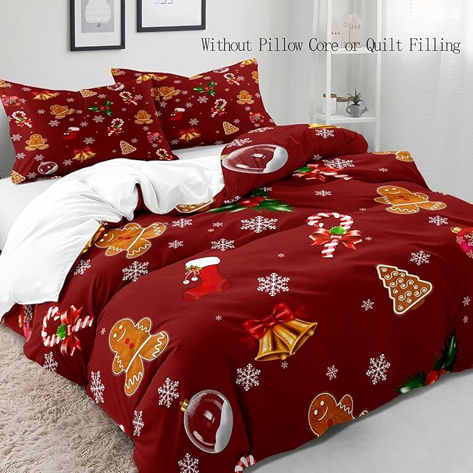 LUVIVIHOME 3PCS Christmas Duvet Cover King Bedding Set, Red Duvet Cover, Boys Girls Kids Bedding, Cute Gingerbread Snowflake Holiday New Year Xmas Gifts Christmas Comforter Quilt Cover, 2 Pillow Cases
