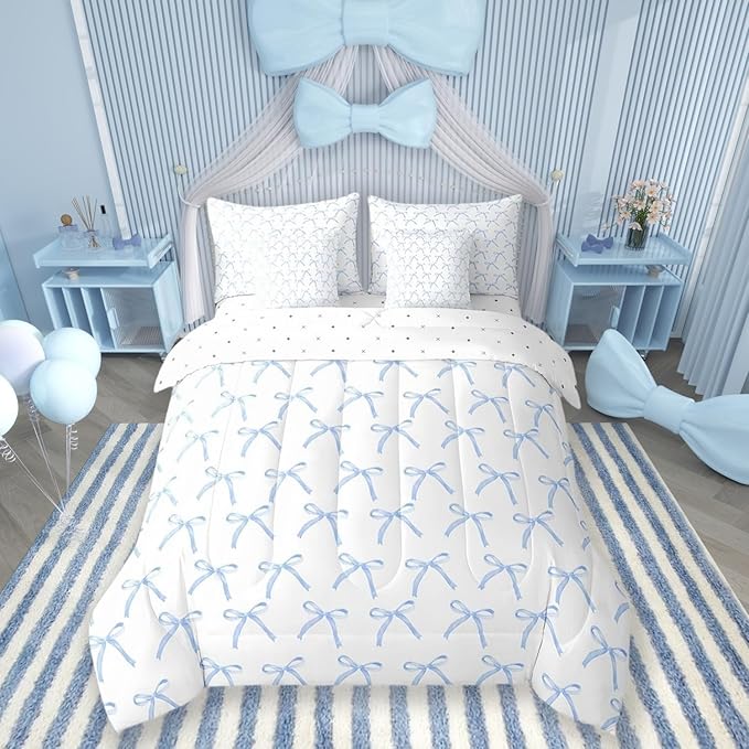 Manfei 7 Pieces Cartoon Bowknot Kids Comforter Full Size,Bow Tie Knot Geometric Patchwork Fashion Bedding Set,Hand-Painted Sketch Blue Noble（Comforter+Fitted+Flat+2 Pillowcases+2 Throw Pillow Covers