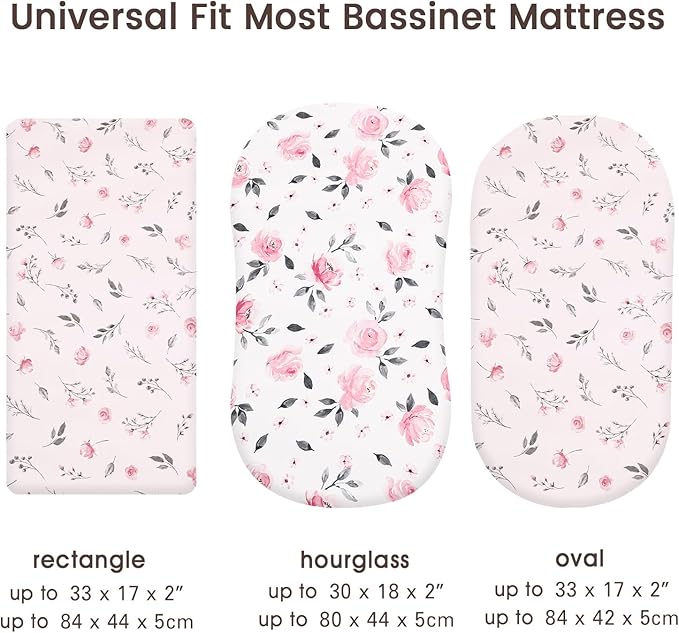 PHF Soft Bassinet Sheet Set, 2 Pack Silky Comfy Breathable Cradle Sheets for Baby Girls, Univeral Fit for Most Oval Rectangle Cradle and Bassinet Mattress/Pad, Pink Floral