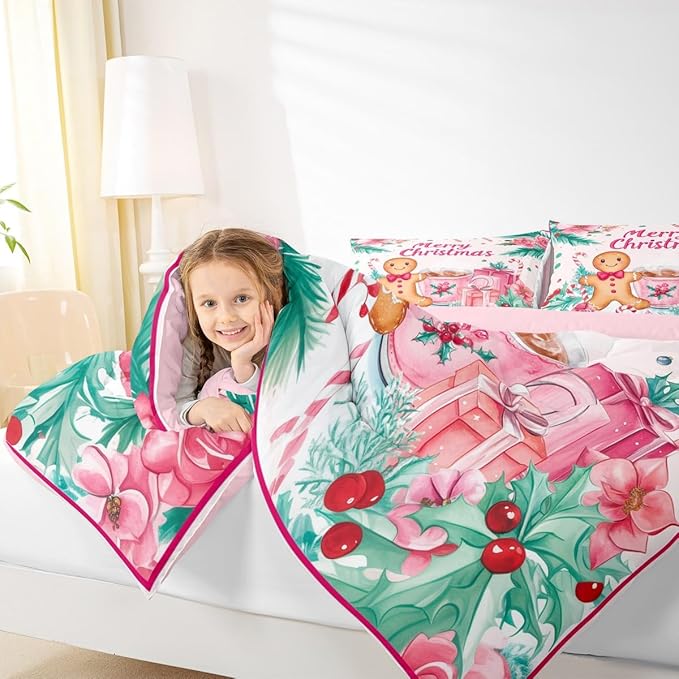 Feelyou Gingerbread Man Kids Comforter Set Queen Size Merry Christmas Bedding Set Christmas Decor Duvet Quilt for Kids Boys Girls Bedroom Xmas Decor Microfiber Ultra Soft Breathable