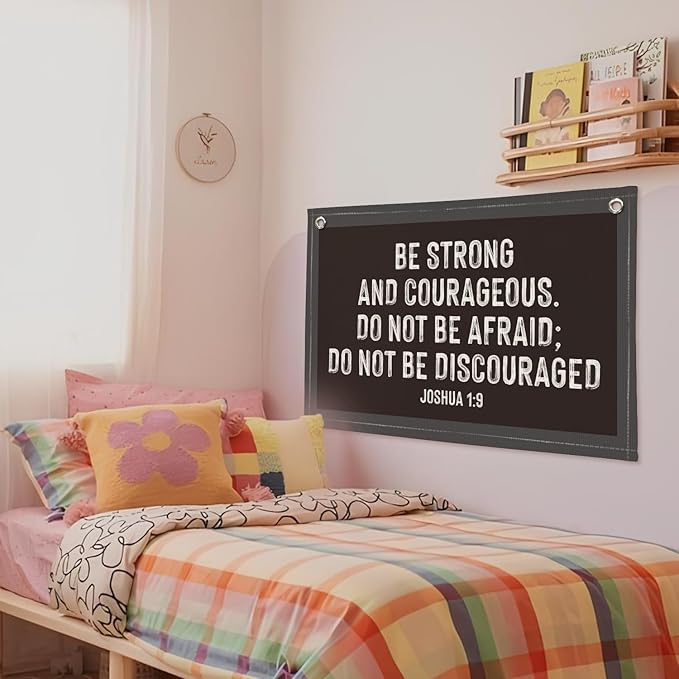 Christian Wall Art, Be Strong and Courageous Bible Verse Banner, Inspirational Linen Canvas Banner Wall Hanging Decor for Toddler Boys Room Nursery Playroom, Religious Gift for Kids