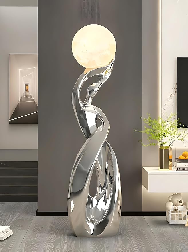 Bofea-Modern Standing Lamp for Living Room Minimalist Floor Lamps with Silver Resin Lamp Body,Creative Dancing Girls Statue Tall Standing Lamps,Unique Moon Floor Lights for Bedroom Home Decor