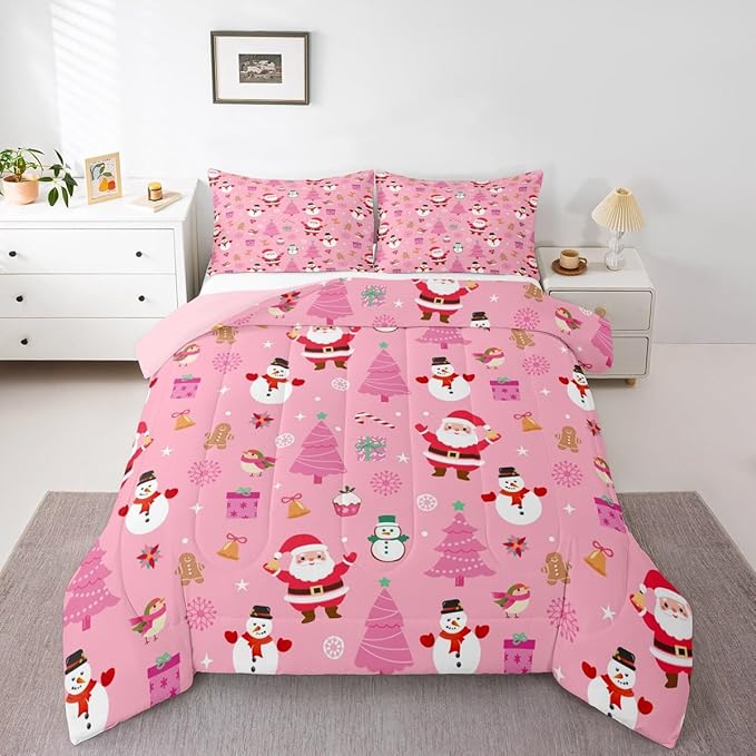 Feelyou Christmas Kids Comforter Set Queen Size Happy New Year Bedding Set Santa Claus Duvet Quilt for Kids Boys Girls Bedroom Merry Christmas Decor Microfiber Ultra Soft Breathable