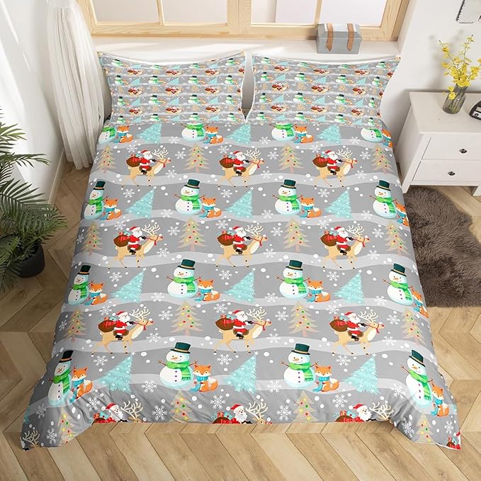 Christmas Duvet Cover Set Queen Size, Xmas Trees Snowman Santa Claus Comforter Cover with 2 Pillowcases, Winter Snowflake Grey Stripes Bedding Set for Kids Girls New Year Bedspread Cover,No Comforter