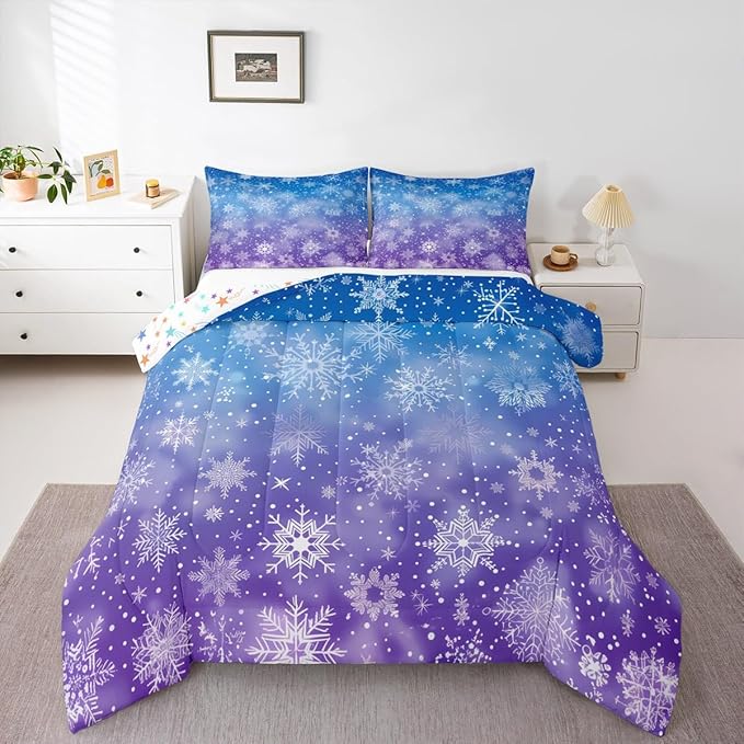 Feelyou Christmas Bedding Set Soft for Boys Girls, Winter Snowflake Comforter Set Twin Size Purple Blue Gradient Duvet Quilt Microfiber Bedroom Decor 2 Pcs with 1 Pillow Cases