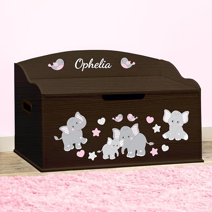 DIBSIES Personalized Creative Wonders Toy Box, Pink Elephants, 30 x 19.25 x 18 inches, Soft-Close Lid (Espresso)