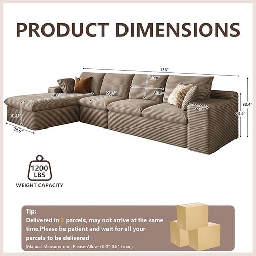 136 Inch Cloud Sectional Couch, Modern Modular Sectional Sofa with Deep Seat, Corduroy Boneless Couches with L-Shape Chaise for Living Room Bedroom, No Assembly Required (Camel, Left Facing Chaise)