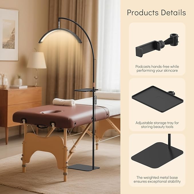 Lash Light 23 inch Floor Lamp for Eyelash Extensions Standing LED Half Moon Lights for Nail Art, Tattoos, Skincare with Adjustable Brightness & Height & Movable Tray & Phone Holder.