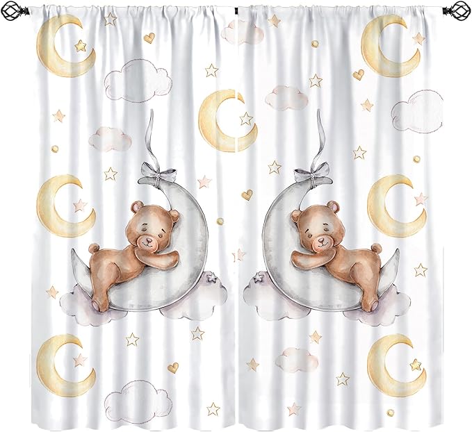 Cartoon Bear Curtains, Cartoon Watercolor Lovely Bear Moon Stars Printed Blackout Window Treatments, Rod Pocket Thermal Insulated Drapes 2 Panel Sets for Kids Bedroom Nursery Classroom, 55"W X 63"L