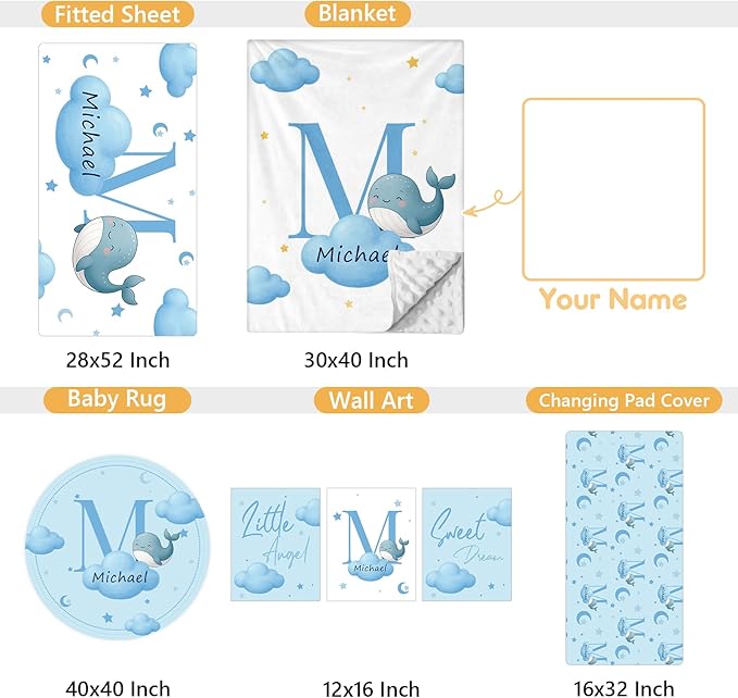 Personalized Crib Bedding Set, 5 Pcs Custom Nursery Bedding Sets with Name, Infant Bedding Set for Baby Boys Girls, Blue Dolphin Double Layer Baby Crib Set, Babies Toddlers Kids Customized Gift