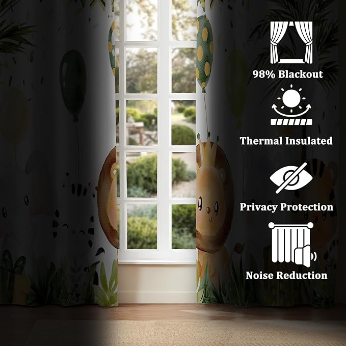 Renaiss 42 x 96 Inch Rainforest Safari Animal Curtains African Jungle Tropical Lions Tigers Elephants Giraffes Palm Trees Pattern Polyester Fabric Grommet Window Drapes for Nursery Bedroom 2 Panels