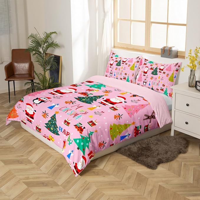 Christmas Bedding Duvet Cover Set Kids Santa Claus Xmas Theme Bedding Set Boys Girls Decor Christmas Tree Comforter Cover Set Microfiber Pink New Year Bedspread Cover Bedroom Bedclothes Full Size
