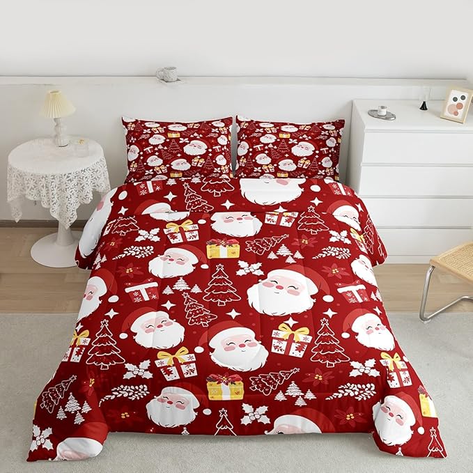 jejeloiu Santa Claus Comforter Set Full Size Merry Christmas Bedding Set for Kids Boys Girls Xmas Themed Duvet Quilt Red Bedroom Decor