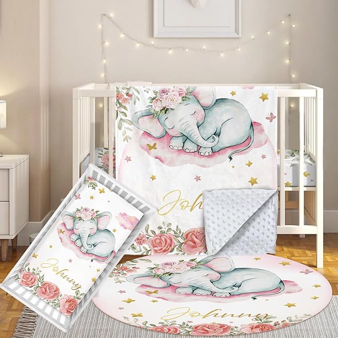 Custom Baby Crib Bedding Set, 3 Pcs Personalized Nursery Bedding Set with Name, Soft Baby Bedding Crib Sets with Blanket - Toddler Crib Sets for Girls Boys, Infant Newborn Gifts, Pink Elephant