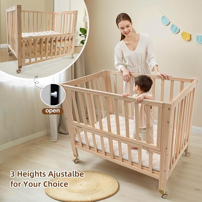 Portable Mini Baby Crib - Pine Wood Foldable 4-in-1 Baby Crib with Mattress,Portable Bedside Bassinet Sleeper,3 Adjustable-Height Baby Cribs for 0-18 Months,Unpainted