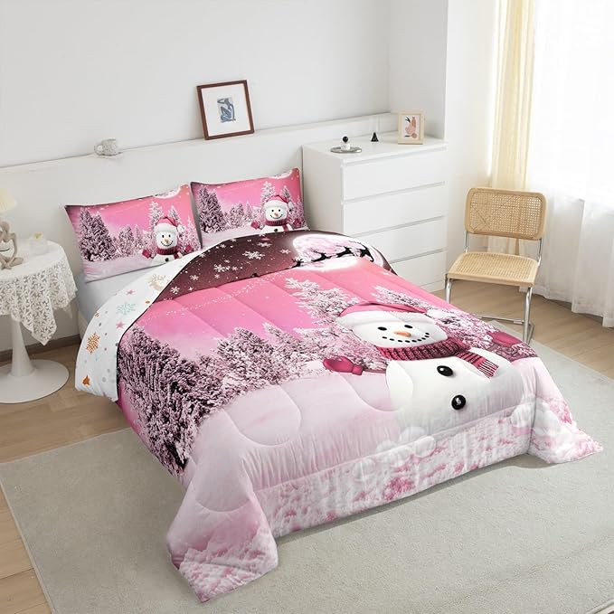Feelyou Kids Merry Christmas Decorations Queen Size Comforter Set Xmas Snowman Bedding Set Girly Pink Quilt Set Soft Warm Lightweight Duvet Set