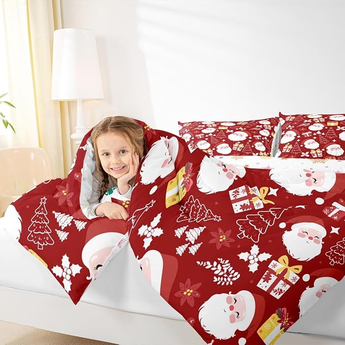 jejeloiu Santa Claus Comforter Set Full Size Merry Christmas Bedding Set for Kids Boys Girls Xmas Themed Duvet Quilt Red Bedroom Decor
