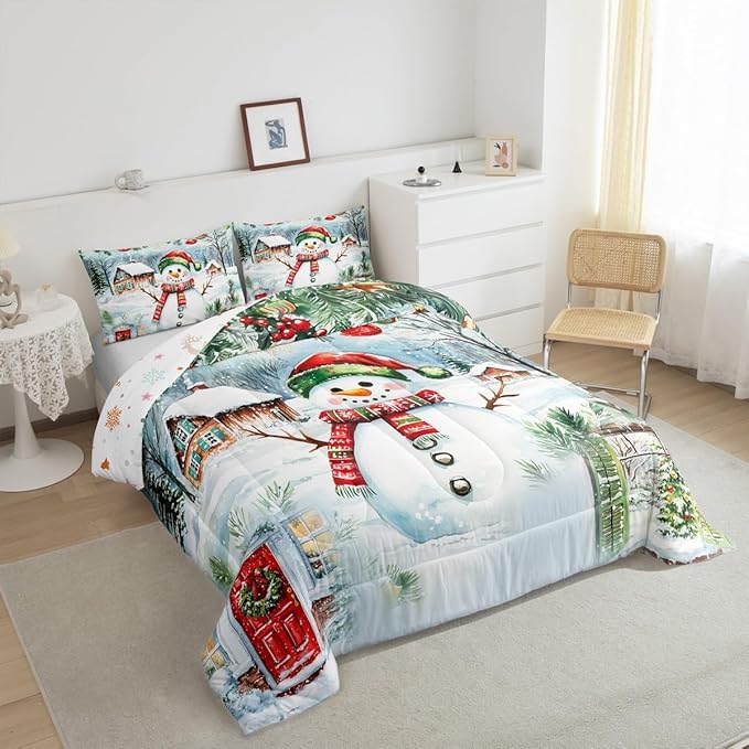 Castle Fairy Merry Christmas Comforter Set Twin Size,Watercolor Cute Snowman Pine Trees Bedding Set for Kids Boys Men,Xmas Cartoon Decor Natural Quilted Duvet Set with 1 Pillowcase